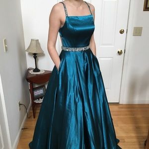 Teal/ Peacock Satin Juniors Prom Dress